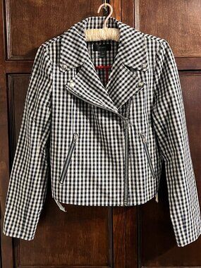 J CREW GINGHAM MOTO JACKET IN COTTON LINEN BLEND NAVY IVORY